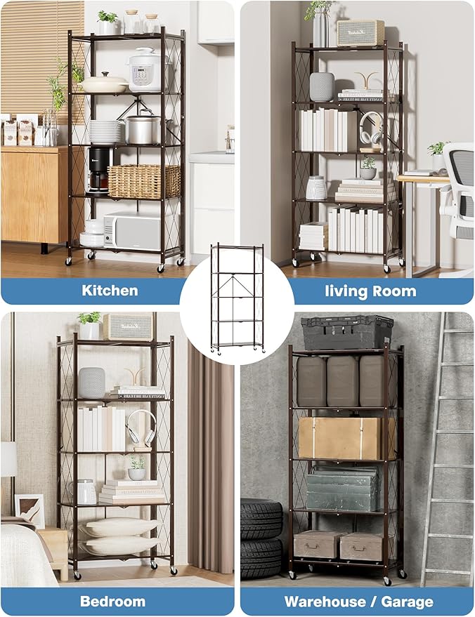 ALANNG 70.7" H Metal Storage Shelves, 5 Tier Folding Shelf on Wheels, Heavy Duty, No Assembly, Rolling, Collapsible Rack Unit for Kitchen, Basement, Pantry (Vintage Brown,4 Pack)