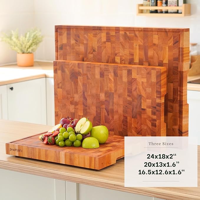 SHUMARU Mahogany End-Grain Wood Cutting Board – 16.5x12.6x1.6" Butcher Block | Handmade in Bali - Silky-Smooth, Juice Groove, Knife‑Friendly, Ergonomic Grips & Non‑Slip Feet