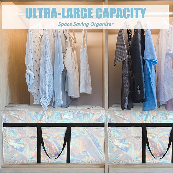 4 Pcs 66 Gallon Extra Large Moving Bags Heavy Duty Storage Bag with Strong Zipper Handle Foldable XXL Jumbo Storage Tote Packing Moving Box for College Dorm Travel Cloth Duffle (Iridescent)