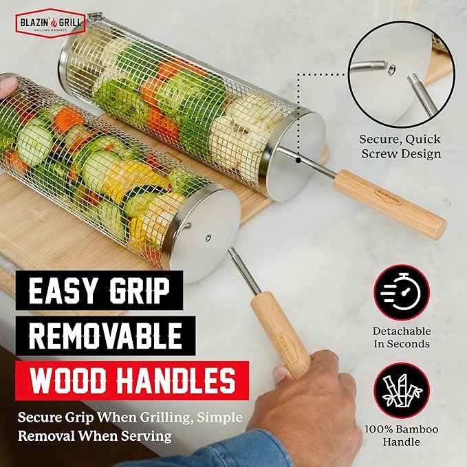 Blazin' Grill Rolling Grill Basket | Rolling Grilling Baskets for Outdoor Grilling 2 Pcs | Barbecue Grill Set with BBQ Gloves | Portable Camping Net Rack Perfect for Vegetables, Seafood & Meat