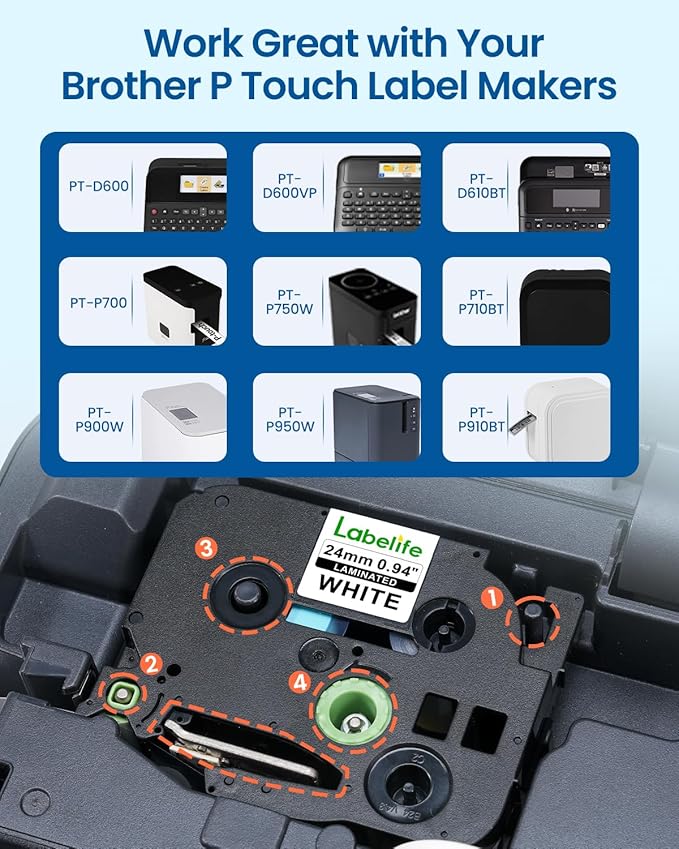 TZe-251 TZe251 Replacement for Brother P Touch Label Tape 24mm 1 Inch TZe TZ Tape 24mm 0.94 Laminated White Label Maker Tape for Brother PT-D600 PT-D610BT PT-P710BT PT-P700 PT- P910BT, 6-Pack