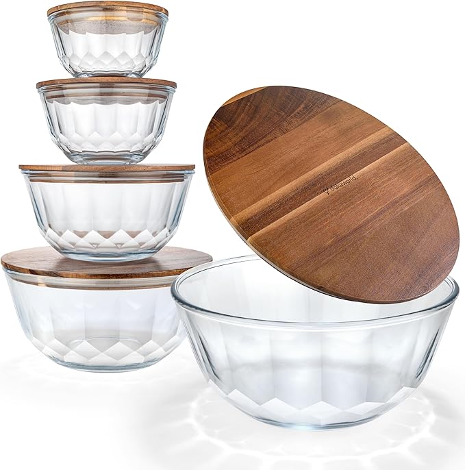 dokaworld Large Stackable Set of 5 Nesting Glass Bowls with Acacia Lids for Foodprep, Storage, Baking, Sourdough Mixing & Cooking. Microwave & Oven Safe Heat Resistant Inert Borosilicate Glass