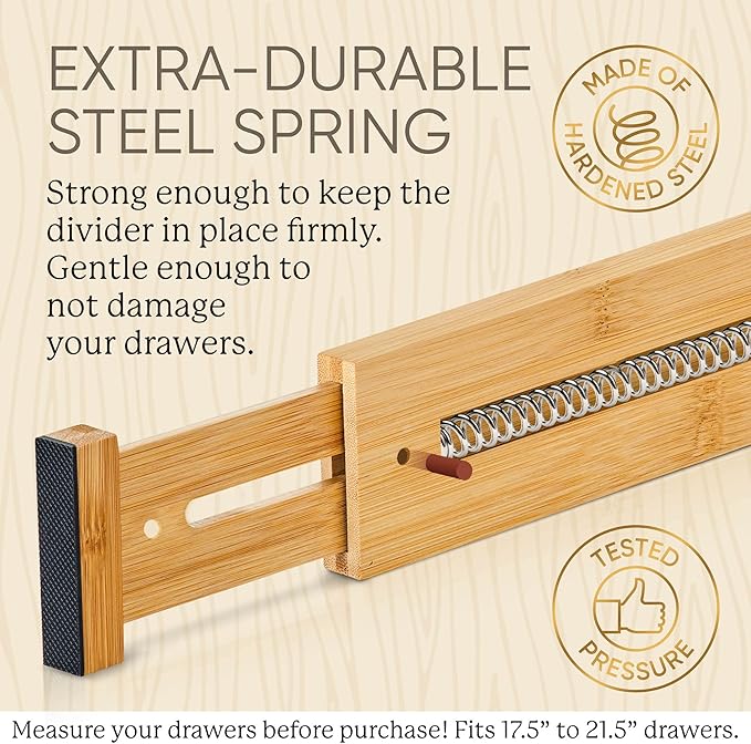 Night Tree Expandable Bamboo Drawer Dividers – Spring-Loaded Wooden Organizers for Clothes, Kitchen Utensils, Bathroom, and Dresser Drawers (18" to 20")