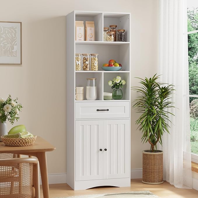 Gizoon Storage Cabinet, 71'' H Bathroom Storage Cabinet with Doors & Drawers, Kitchen Pantry with Adjustable Shelves, Anti-tip, Metal Handle, for Living Room, Office, Bathroom, White