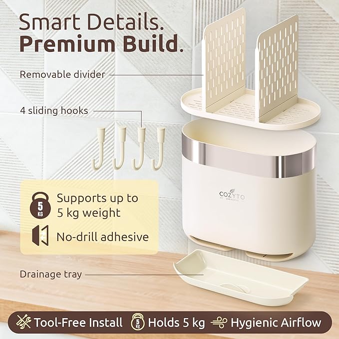 COZYTO LuxTray U1-Pro – Wall Mounted Kitchen Organizer with Hooks, Dividers & Drain Tray, No-Drill Adhesive, BPA-Free – Cream White with Rose Gold or Silver Accent (Cream White & Shiny Silver)