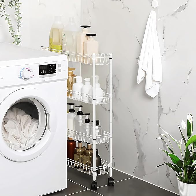 NSF white 4-layer storage rack, refrigerator crevice rack, washing machine crevice rack, laundry room dirty clothes storage, multifunctional household epoxy resin deep mesh basket