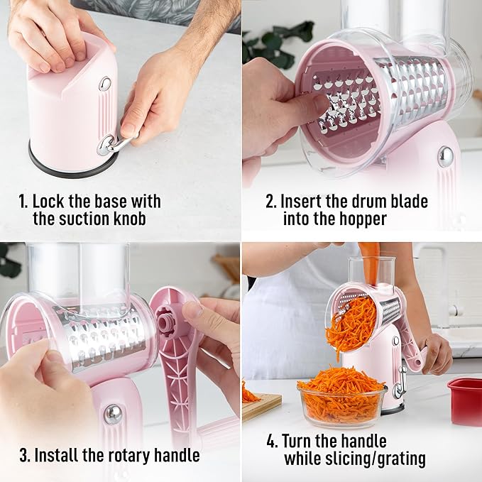 Zulay Kitchen Rotary Cheese Grater 5 Blade Cheese Shredder - Manual Hand Crank Cheese Grater With Reinforced Suction & 5 Interchangeable Drums - Easy to Use, Vegetable Chopper Round Mandoline Slicer