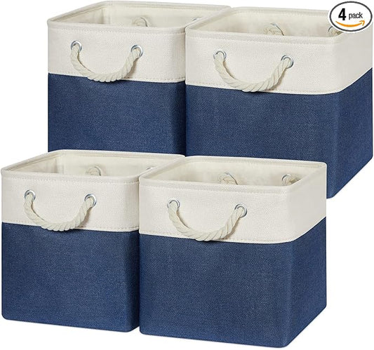 Temary Fabric Storage Cubes 11x11 Cube Storage Bins 4Pack Blue Basket for Organizing Home, Closet, Empty Gift Baskets with Handles (White&Blue)