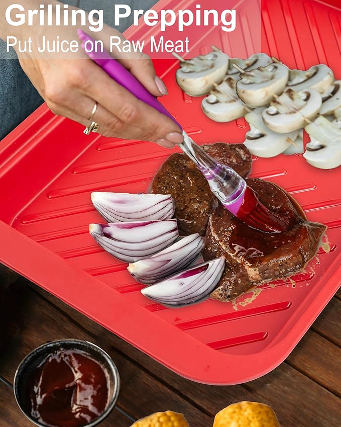 ECOIOU Grilling Prep and Serving Tray with Lid, Bamboo BBQ Deep Trays for Marinating Raw and Cooked Food, Melamine Serving Trays for Food, Black and Red