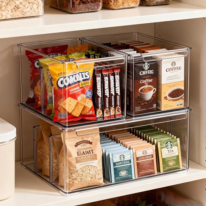 Clear Plastic Storage Bins with Dividers for Kitchen Pantry Organization, 3 Pack Large Thicken Stackable Storage Container Boxes for Refrigerator Cabinets Vanity Organizers and Storage, C6-2