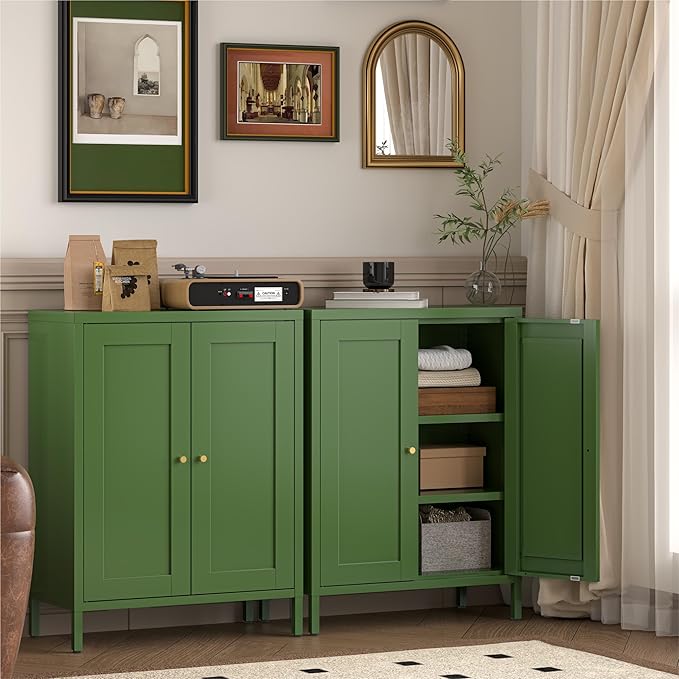 Small Metal Cabinet, Storage Cabinet with 2 Adjustable Shelves and 2 Doors,Freestanding Sideboard for Small Spaces, Living Room, Home Office, Dining Room(1PC,Forest Green)