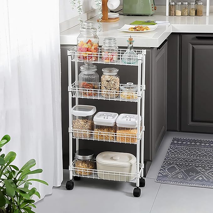 NSF white 4-layer storage rack, refrigerator crevice rack, washing machine crevice rack, laundry room dirty clothes storage, multifunctional household epoxy resin deep mesh basket