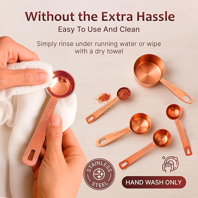 AGRUS Measuring Cups and Spoons Set of 9, Utensils for Dry and Liquid Ingredients, Copper Kitchen Accessories, Rose Copper Decor for Home, Stackable, Sturdy Stainless Steel