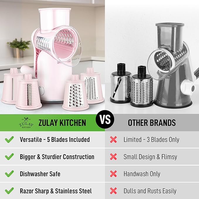 Zulay Kitchen Rotary Cheese Grater 5 Blade Cheese Shredder - Manual Hand Crank Cheese Grater With Reinforced Suction & 5 Interchangeable Drums - Easy to Use, Vegetable Chopper Round Mandoline Slicer