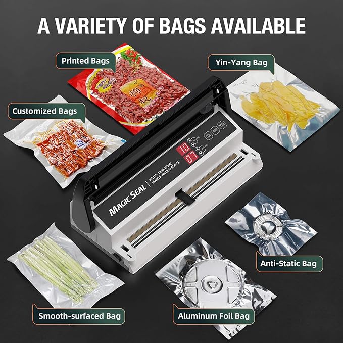 MAGIC SEAL Nozzle Vacuum Sealer Machine for Mylar bags & Smooth Flat Bags - 220W Food Sealer with Adjustable Air & Seal Settings, Auto/Manual Modes (Not for Textured) -MS175