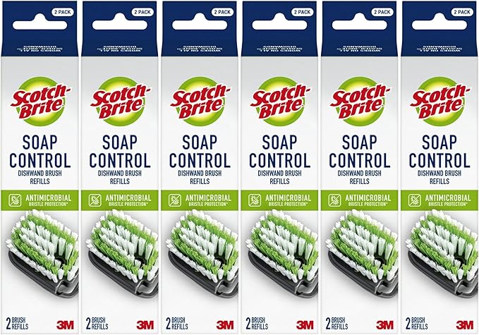 Scotch-Brite Soap Control Dishwand Brush Refills, Non-Scratch Scrub Brush Heads, 12-Pack (6 Packs of 2, 12 Total Refills), Durable & Odor-Resistant, Safe for Non-Stick Cookware & More