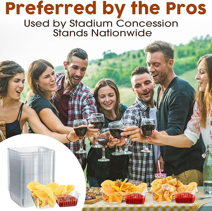 Vesici 100 Pcs 12oz Nacho Trays Disposable 2 Compartment Food Snack Tray Concession Stand Supplies Movie Night Clear Plastic Cheese Dip and Chip Holder for Candy School