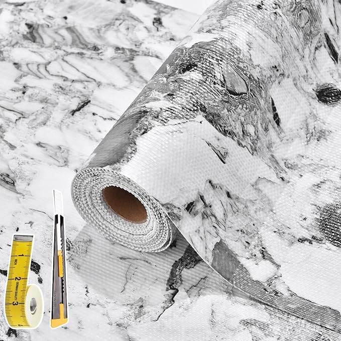 Drawer and Shelf Liner for Kitchen Cabinet: 12 in X 30 Ft Non Slip Waterproof Shelf Paper Non Adhesive Refrigerator Liners Grey and White Marble Easy Liners for Bathroom with Knife Tape Measure