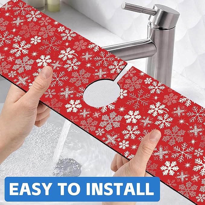 Christmas Snowflake Kitchen Sink Splash Guard Mat Absorbent Fast Drying Mat Faucet Draining Mat Sink Splash Guard Behind Faucet Drip Catcher for Kitchen Bathroom 5.5"×24"