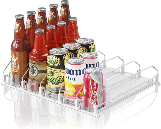 Drink Organizer for Fridge,12oz 16oz 20oz - Soda Can Dispenser for Refrigerator,Width Adjustable,Automatic Pusher Glide,15"D,White,5 ROW,Holds 25 Cans