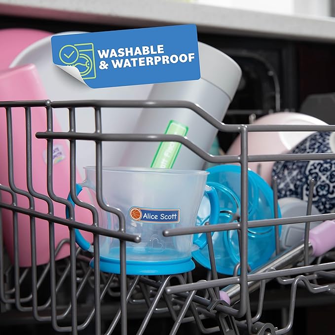 Mini Labels 1.5”x0.4” - 198-Pack Custom Name Stickers - Personalized Waterproof Labels for Bottles, Food Containers, School Supplies and More – Dishwasher & Microwave Safe – Tie Dye Blue