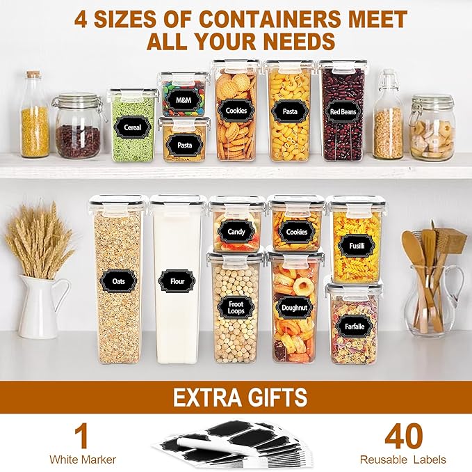 24 PCS Airtight Food Storage Containers with Lids, Kitchen Pantry Organization and Storage Containers, Plastic Canisters for Flour, Sugar, Cereal and Dry Food, BPA Free, 40 Labels & Marker