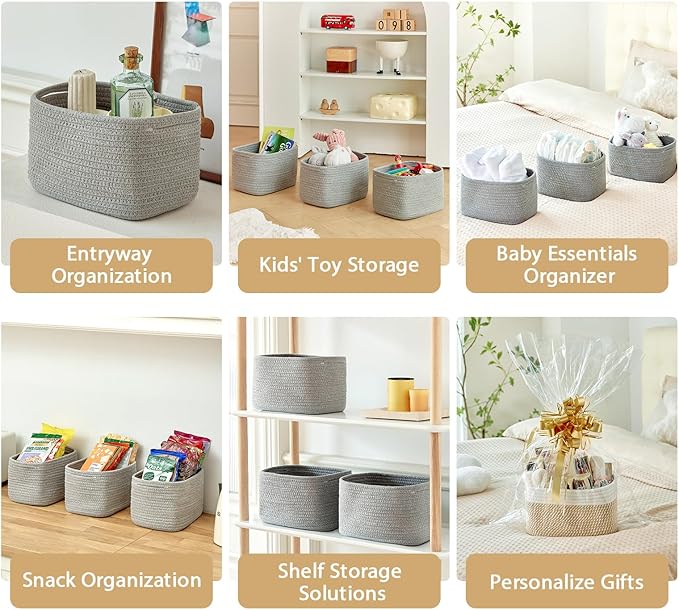 R RUNKA Small Cotton Rope Basket – Storage Bin for Organizing (10.6" x 6.7" x 6.7"), Bathroom Storage Basket for Shelf, Counter & Closet（Grey）