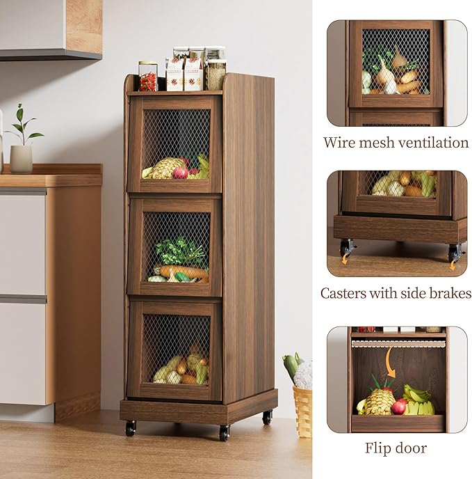 4 Tier Narrow Potato Storage Bin, Tall Wood Potato and Onion Storage Bin with Wheel, Movable Fruit and Vegetable Basket, Food Small Kitchen Pantry Cabinet, Wooden Bread Box, Walnut, Sliding Door