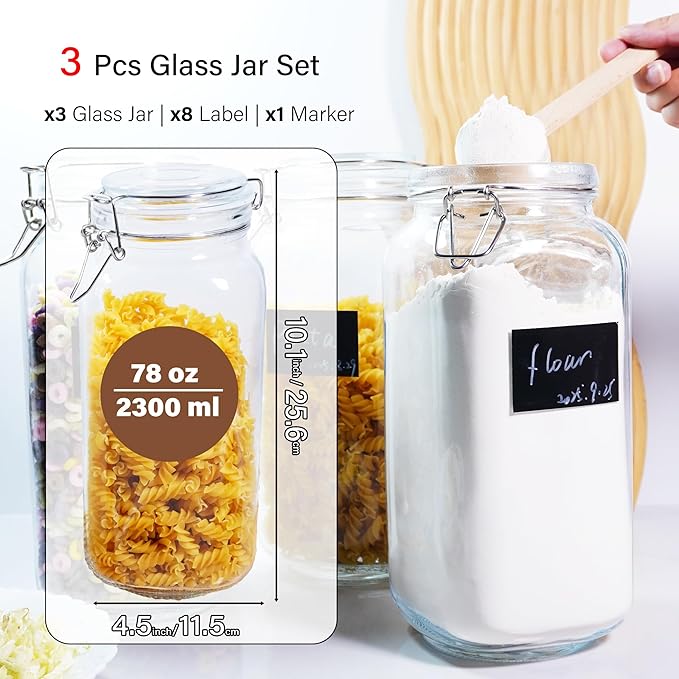 Large Glass Jars with Airtight Clamp Lid 78 OZ, 3 Pack Food Storage Jars Set – Thick Glass Canisters with Silicone Seal, Labels & Marker for Flour, Sugar, Coffee, Pasta, Pantry Organization
