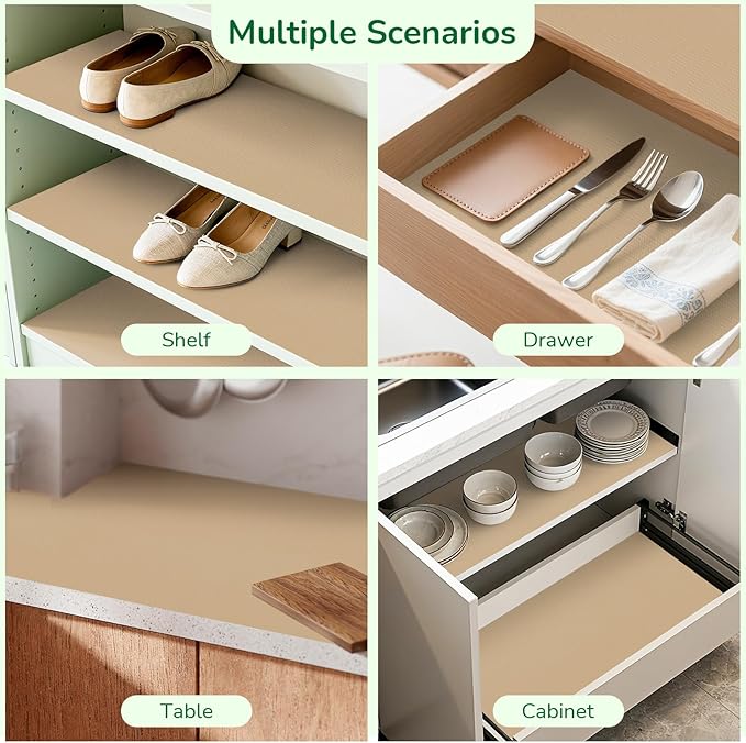 Drawer and Shelf Liner for Kitchen, Non-Slip Non-Adhesive Cabinet Liners for Cupboard, Dresser, Shelves, Tool Box, Pantry, Thickened Easy Install, Strong Grip, 17.5In x 20FT, Beige
