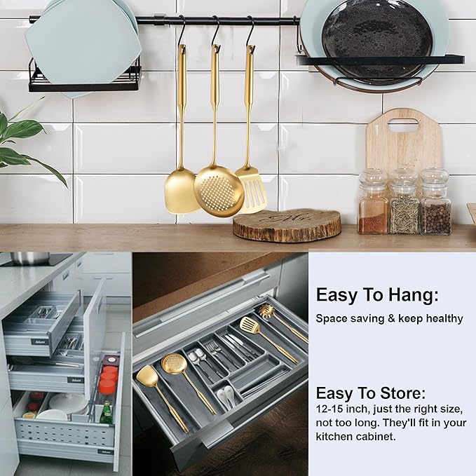NIITAWH Gold Kitchen Utensils Set 18/10 Stainless Steel 6 Pcs Professional All Metal Cooking Utensils Set 12-15", Wok Spatula, Ladle, Skimmer, Slotted Spatula Turner, Spaghetti Spoon, Large Spoon