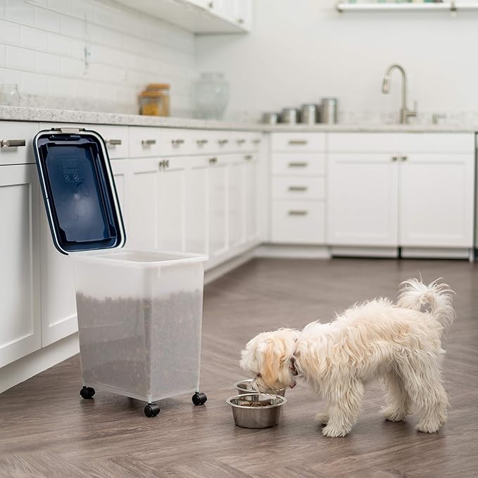IRIS USA 30 Lbs / 33 Qt WeatherPro Airtight Pet Food Storage Container with Attachable Casters, For Dog Cat Bird and Other Pet Food Storage Bin, Keep Fresh, Easy Mobility, BPA Free, Navy/Pearl