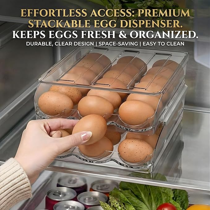 Egg Holder for Fridge, Automatic Rolling Egg Organizer, Clear Plastic Stackable Egg Container with Lid, Space-Saving Refrigerator Egg Dispenser Tray, 2-Tier Design