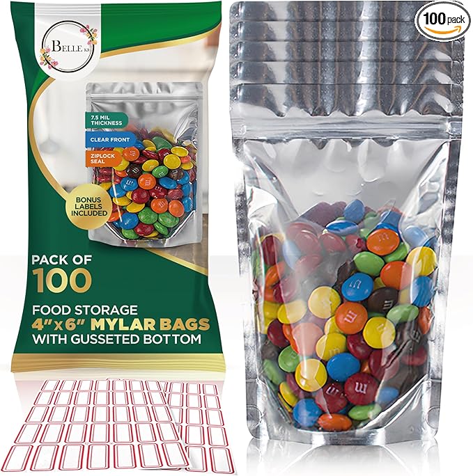 BELLE KR® 4x6 Mylar Bags for Freeze Dried Candy - Pack Of 100-7.5mil Thick - 1/2 Pint Stand Up Small Clear Mylar Bags with See Through Window for Freeze Drying - Labels Included