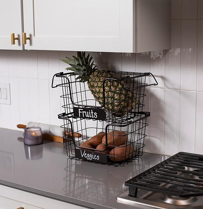 BIRDROCK HOME Stacking Wire Market Baskets with Chalk Label | Set of 2 | Fruit Vegetable Produce Metal Storage Bin for Kitchen Counter | Black