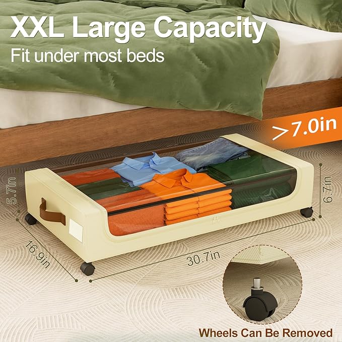 GoMaihe Under Bed Storage with Wheels: XXL Underbed Storage Containers with Lids - Rolling Bins for Shoes Clothes in Dorm Bedroom - Metal Drawers Easy Pull-out Beige 2-Pack