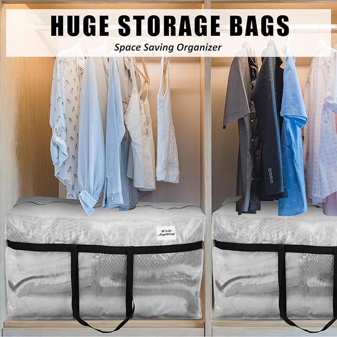 4 Pcs 96 Gallon Extra Large Moving Bags Heavy Duty Storage Bag with Strong Zipper Handle Foldable XXL Jumbo Storage Tote Packing Moving Box for College Dorm Travel Cloth Duffle (Clear)