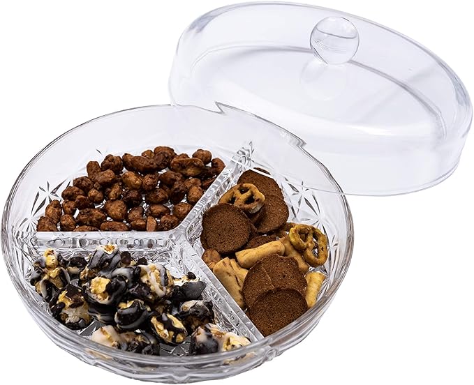 Huang Acrylic 3-Section Divided Serving Dishes with Lid | Round Snack and Condiment Tray With Cover | Multifunctional Party Snack Tray for Nuts, Candies, Fruit, and Veggies