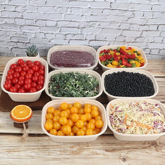 JAYEEY 44 oz Disposable salad bowls with lids, Sugarcane Fiber Paper Bowls take away food containers meal prep Plant Fiber deli container 50 Pack