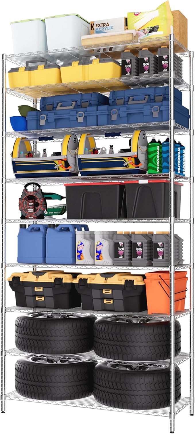 Finnhomy 9-Tier Wire Shelving Unit Adjustable Steel Wire Rack Shelving, 14x36x82 Inches 9 Shelves Metal Storage Rack, Pantry Shelves for Storage, Metal Garage Shelves with NSF Certified, Chrome