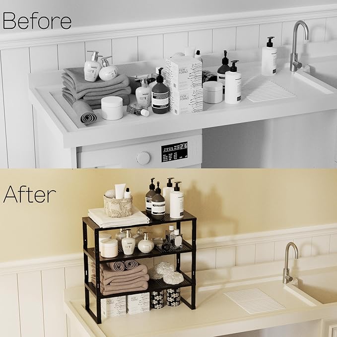 Zilvando Heavy-Duty Adjustable Metal Shelf Organizer - Expandable & Stackable Pantry Storage Rack for Kitchen, Bathroom, RV, Cabinets(1 Pack/Black, Large)
