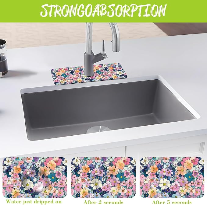 Sink Faucet Absorbing Mat Cute Flowers Sink Splash Guard Drying Mat for Kitchen Bathroom Faucet Sinkmat 15.5"X5.5"