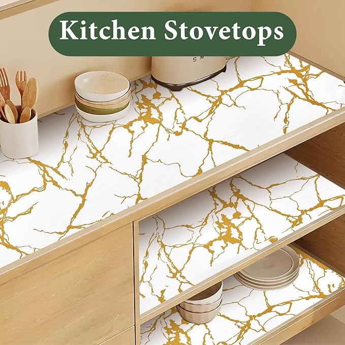 Drawer and Shelf Liner for Kitchen Cabinet Non Slip Waterproof Shelf Paper 23.6 in X 20 Ft Non Adhesive Refrigerator Liners Gold White Marble Easy Liners for Bathroom Cupboard