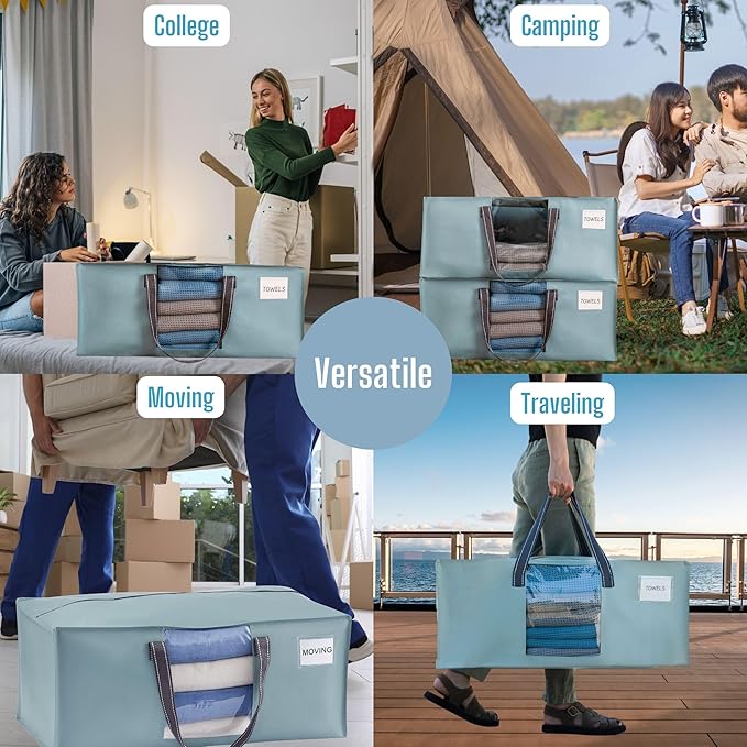 VENO 2 Pack Heavy Duty Moving Bags, Christmas Storage Bins with Lids, Transparent Window Design, Alternative to Moving Boxes, Storage Bags for Clothes, Blankets, Comforters (Light Blue Matte, 2 Pack)