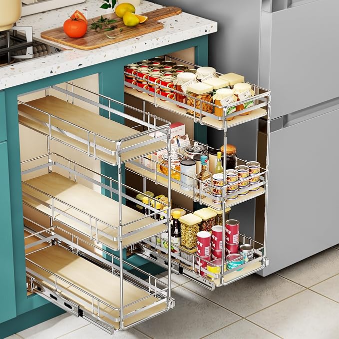 MODCART Pull Out Spice Rack Cabinet Organizer 9" W x 20½" D, 3 Tier Heavy Duty Slide Out Wood Shelf for Narrow Cabinet, Pull Out Storage for Kitchen