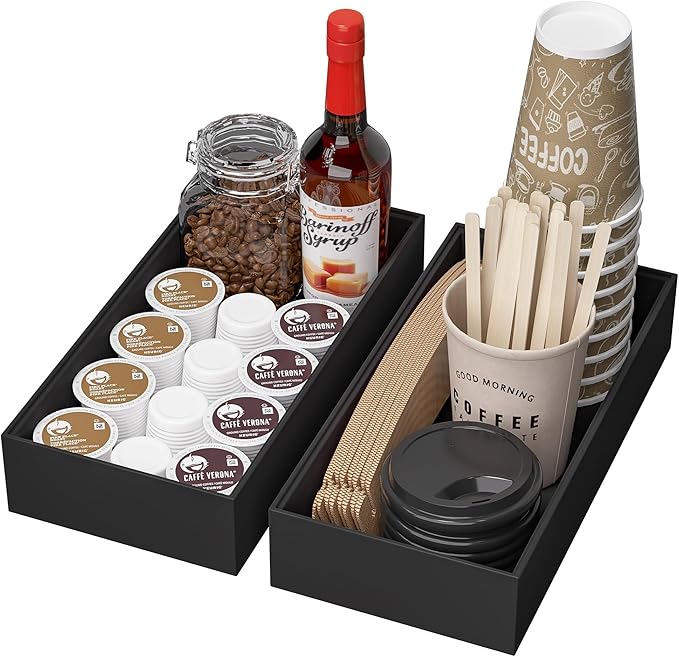 Greatseas Kitchen Drawer Organizer Bins, Stackable Bamboo Drawer Organizer for Silverware, Coffee Pod Organizer K Cup Holder for Countertop, 2 Pcs Coffee Station Organizer Black 12" x 6" x 2.5"