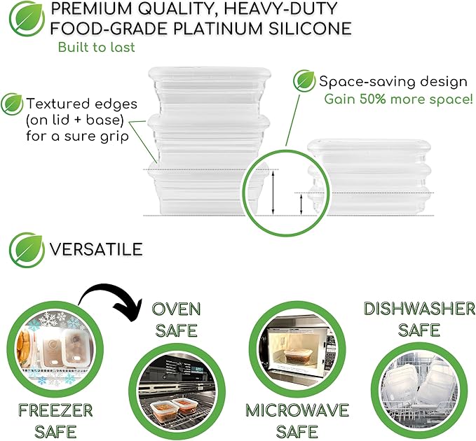 Premium Silicone Collapsible Food Storage Containers with Silicone Leakproof Lids, Platinum Food-Grade, BPA Free, LFGB Certified, Compact, Reusable Lunch Box, Microwave Safe, 4.9 Cups 3 Pk