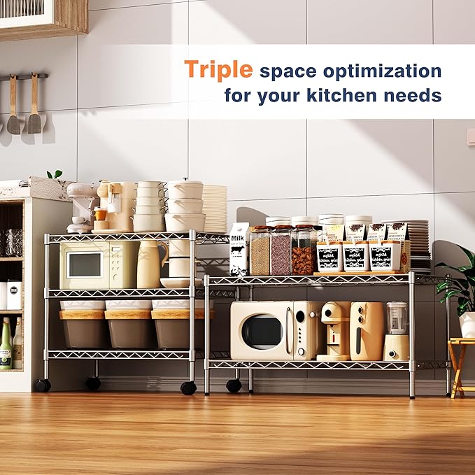 750lbs 3-Tier Wire Shelf Rack,24" Dx14 Wx22 H,Kitchen Metal 3-Shelves Rack with Lockable Wheels,Height Adjustable Wire Shelving Unit and Storage for Living Room,Laundry,Office,Pantry,Studio