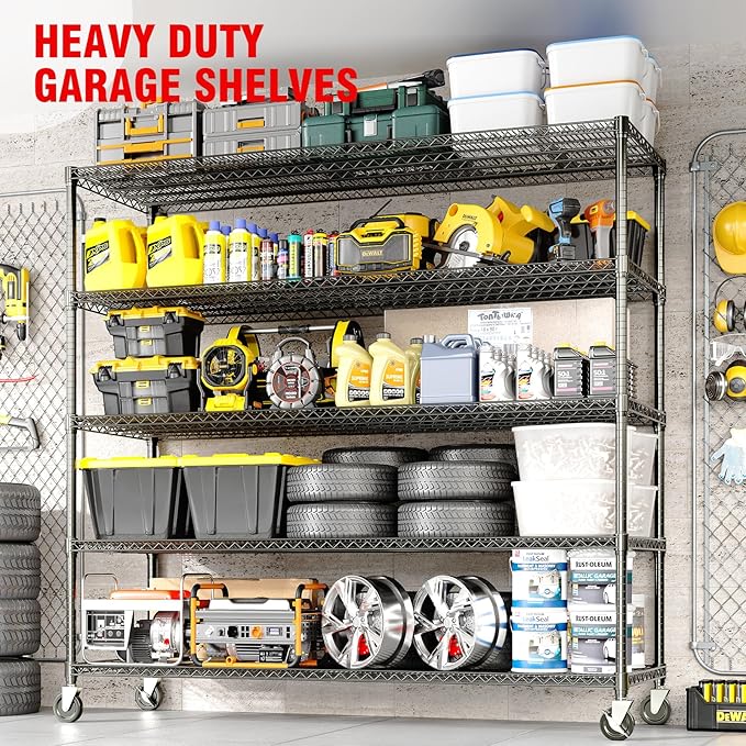 82" H Storage Shelves with Wheels, 5-Tier Metal Shelving Unit Load 3300LBS Capacity, Adjustable Wire Shelf Rack w/Feets, Heavy Duty Storage Shelving for Garage Pantry Rooms, 59" W X 24" D