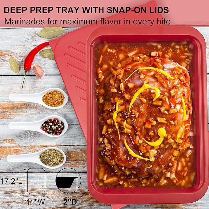 GAYIMEI Deep Grill Carry System with Lids, Cutting Board, Tong, Gift Ready BBQ Carry Tray for Prepping, Marinating and Serving, Diswasher Safe, Nesting Platters Black in Red